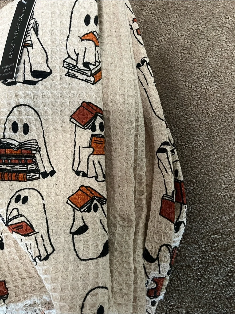 Viral Rachel Zoe Set of 3 Halloween Ghost Reading Book Kitchen Towels